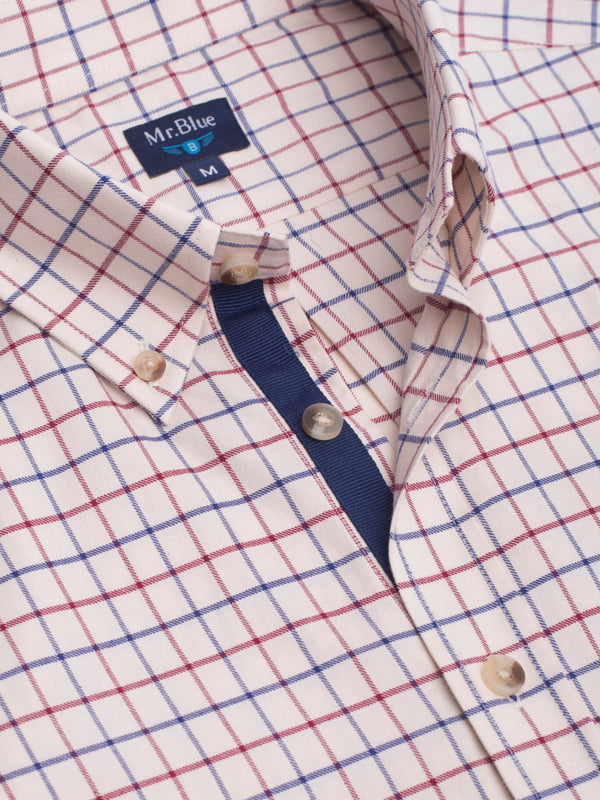 Camisa de algodón a cuadros azul oscuro y burdeos con bolsillo y detalles