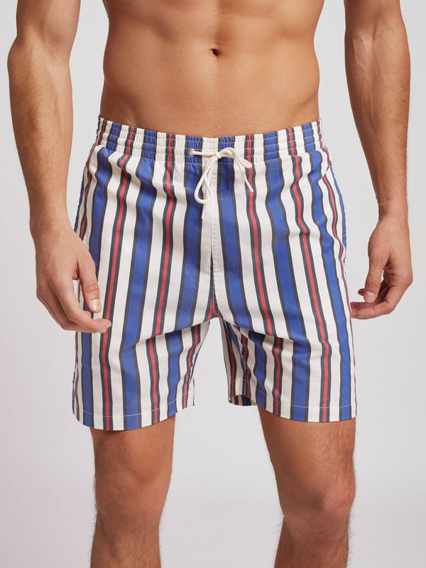 Classic blue and red striped swim shorts