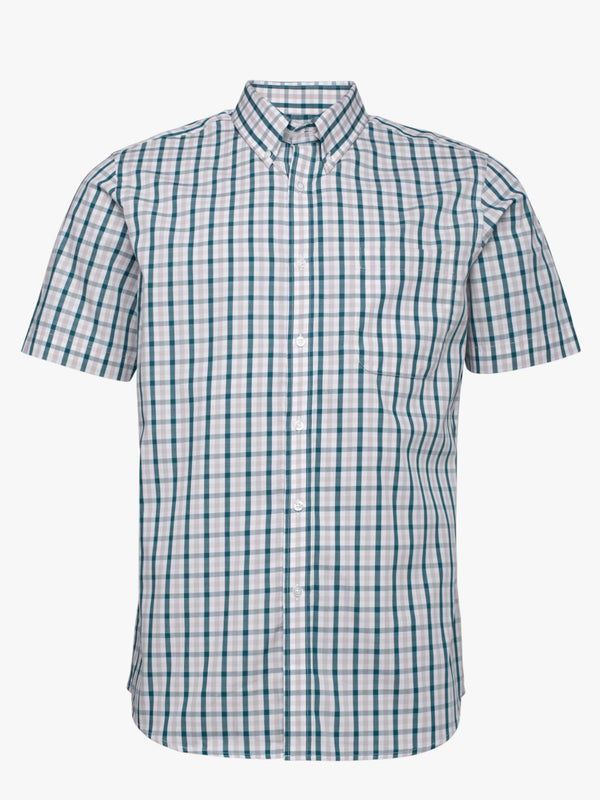 Green, white and beige cotton short-sleeve check shirt