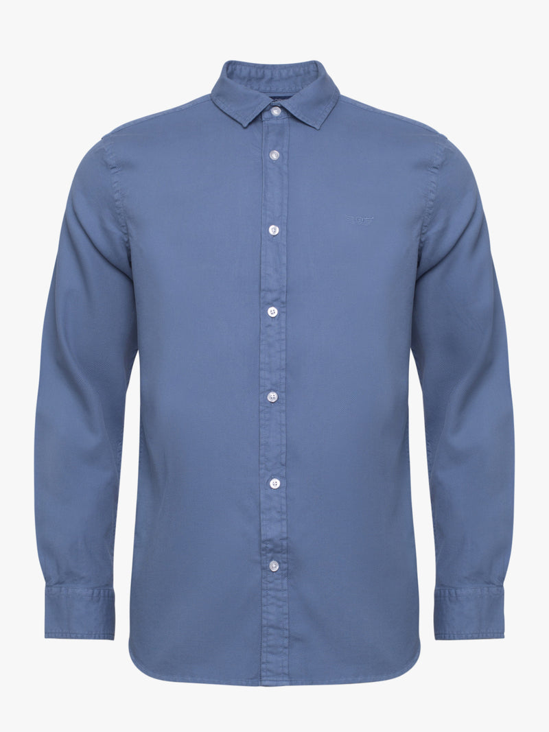 Denim and white linen blue Tailored Fit shirt with embroidered logo