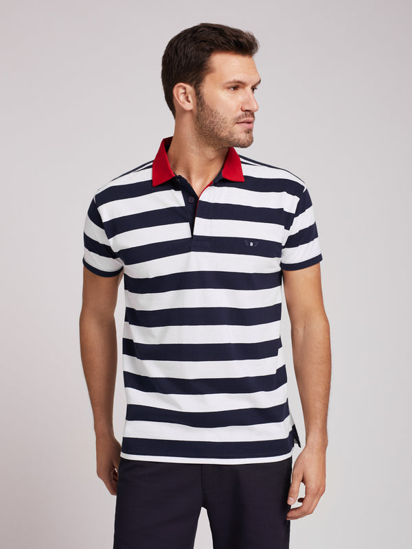 100% cotton striped white and blue rugby polo shirt