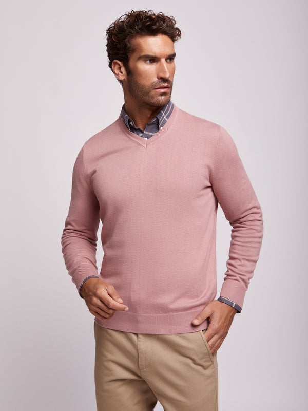 Jersey de algodón y cachemira rosa pastel con cuello en V