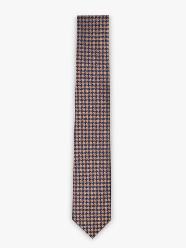 Small square tie dark camel and blue