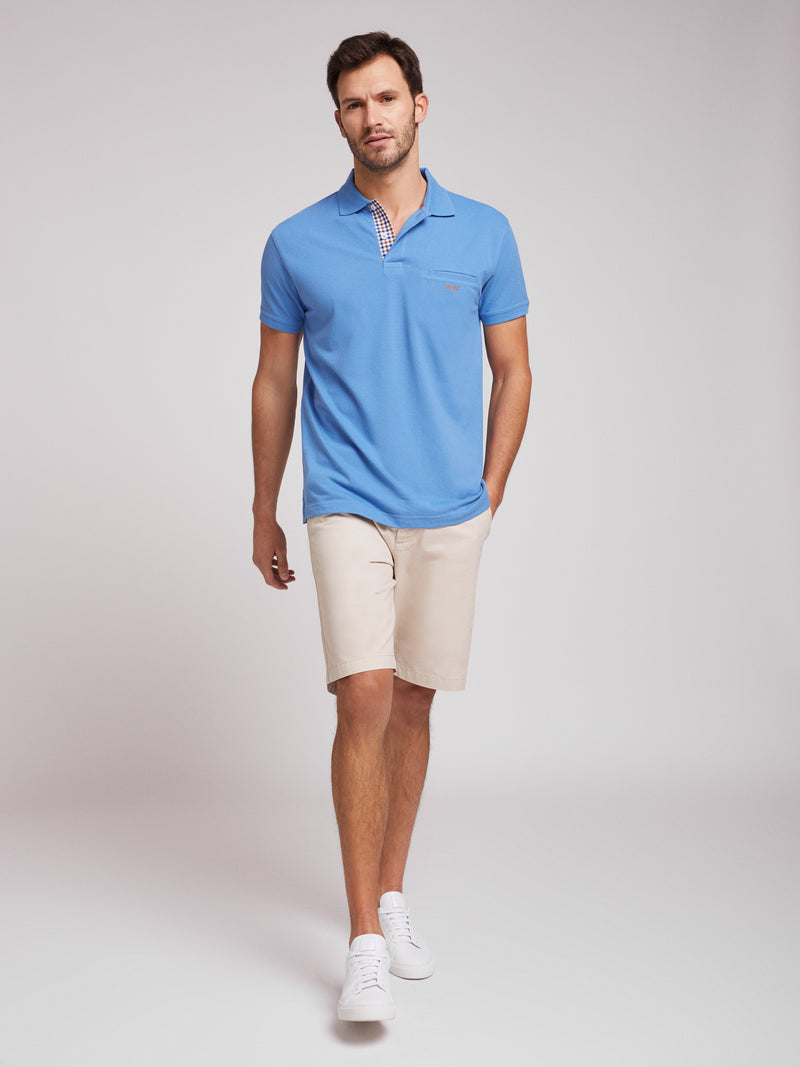 Light blue 100% cotton short sleeve polo shirt with pocket