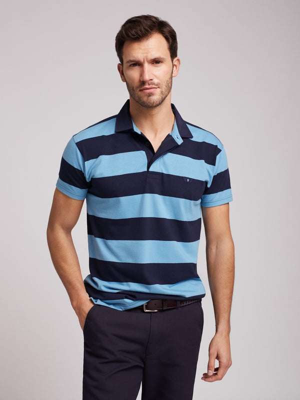 Rugby polo shirt 100% cotton thick stripes shades of blue