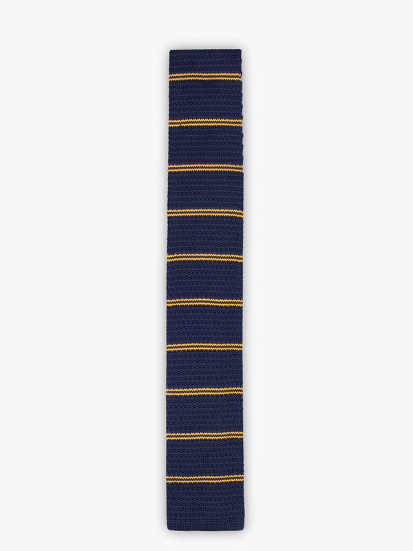 Dark blue and yellow thin striped knit tie
