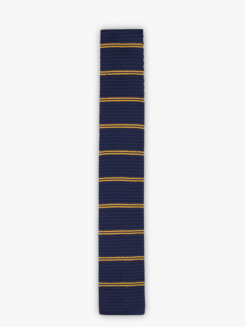 Dark blue and yellow thin striped knit tie