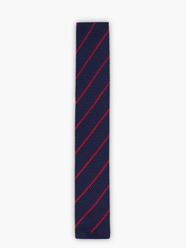 Corbata de punto de rayas finas azul oscuro y rojo