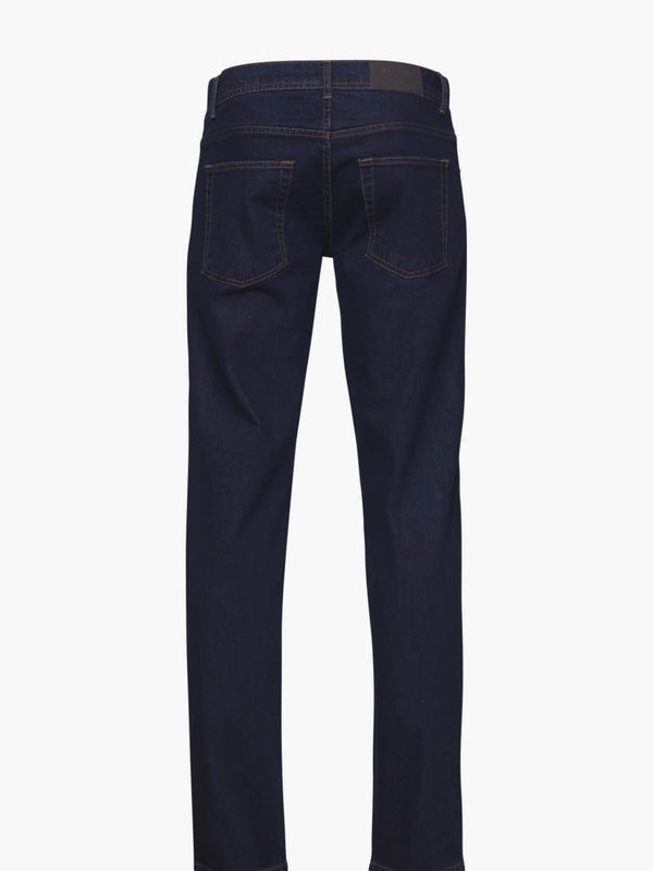 Dark blue stone wash jeans with a high waist