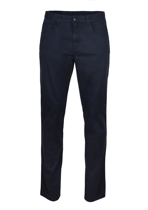 Plain dark blue chino pants.