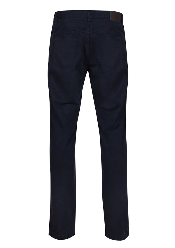 Plain dark blue chino pants.