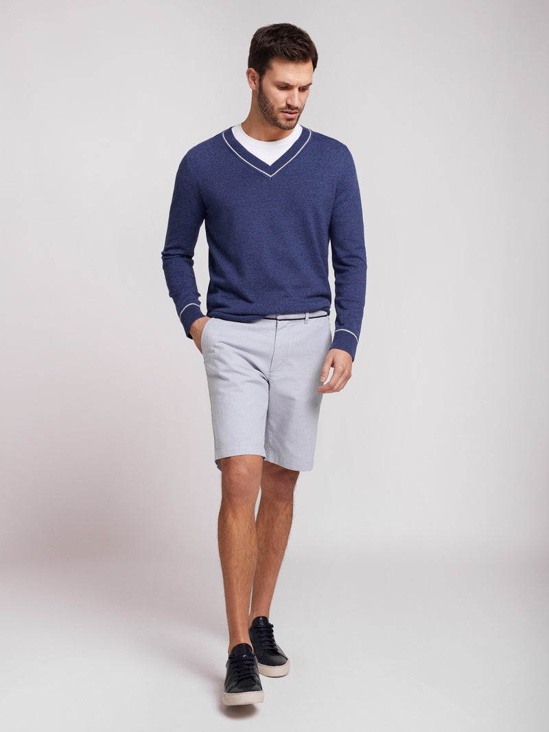 Blue cotton and cashmere V-neck sweater