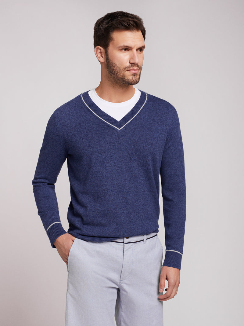 Jersey azul de algodón y cachemira con cuello en V