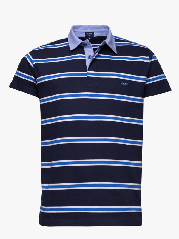 Short sleeve navy and deep blue striped Rugby polo shirt
