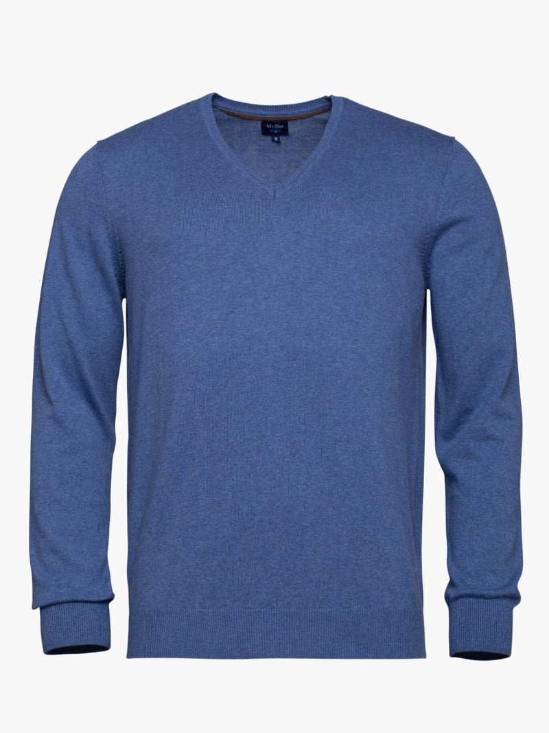 Dark blue cotton and cashmere V-neck sweater