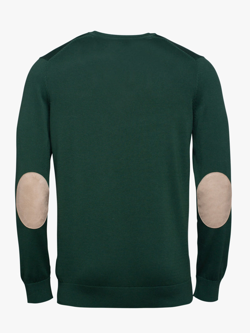 Dark green cotton V-neck sweater with elbow pads