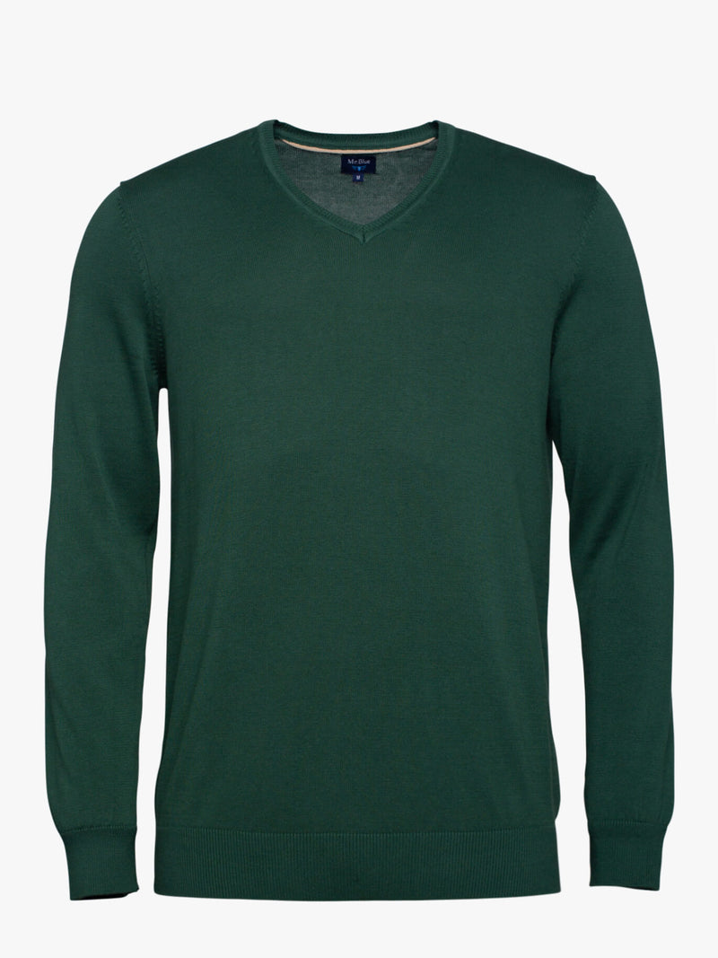 Dark green cotton V-neck sweater with elbow pads