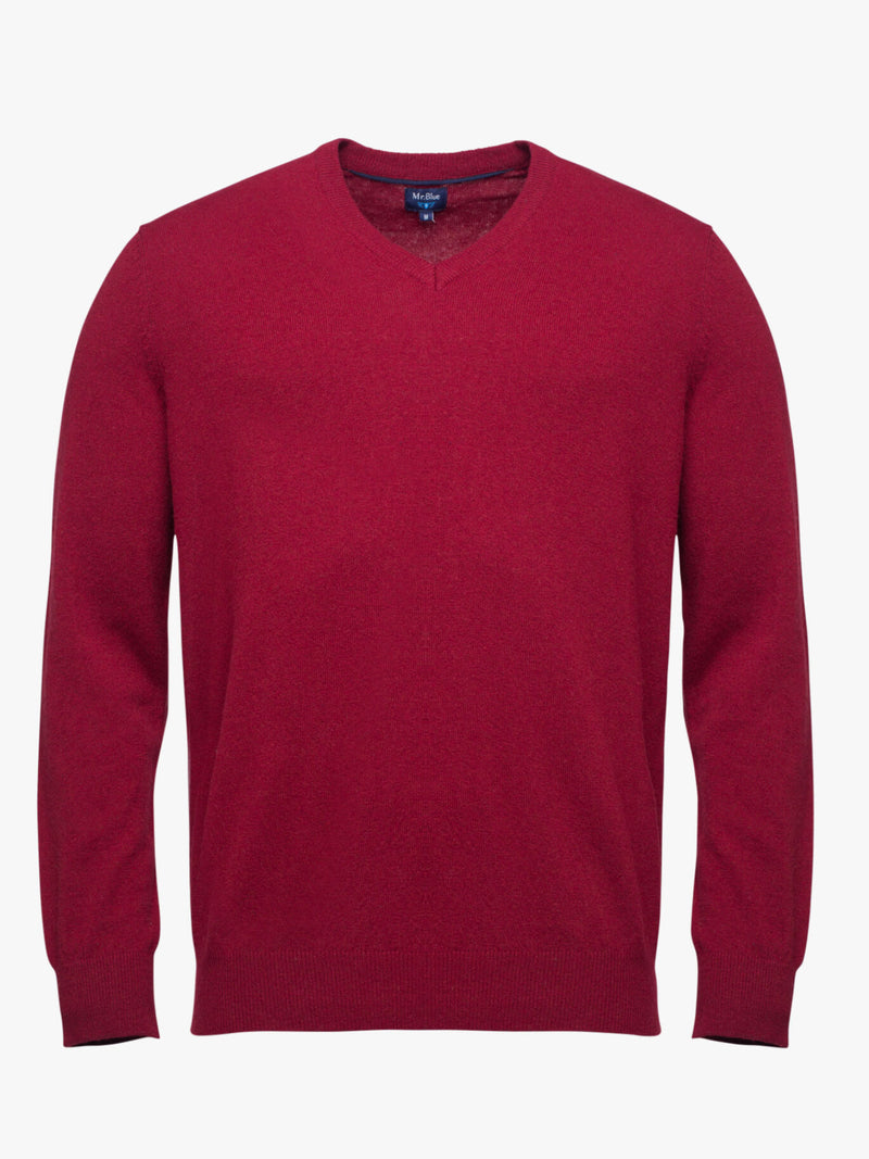 Dark red wool sweater with pointed neckline and elbow pads