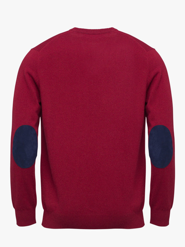 Dark red wool sweater with pointed neckline and elbow pads