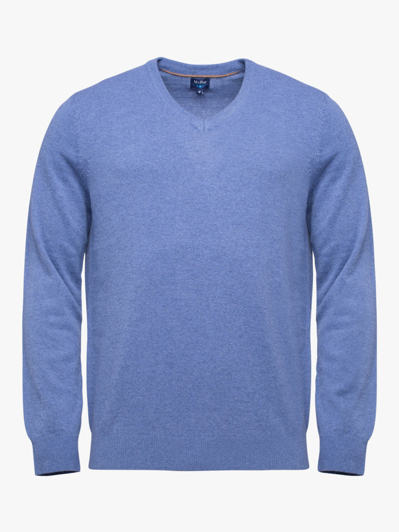 Medium-blue wool sweater with pointed neckline and elbow pads