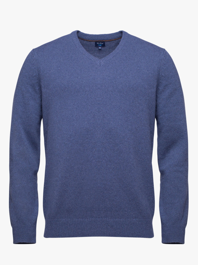 Blue wool sweater with a bateau neckline and elbow pads