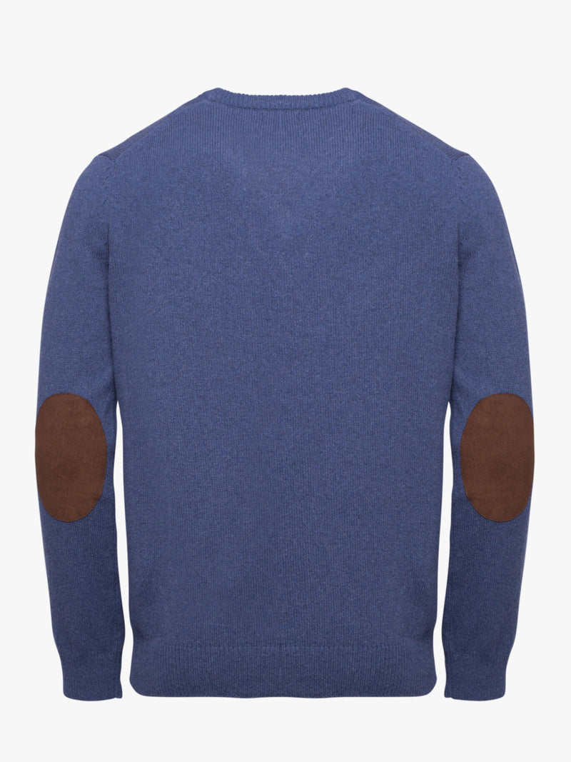 Blue wool sweater with a bateau neckline and elbow pads