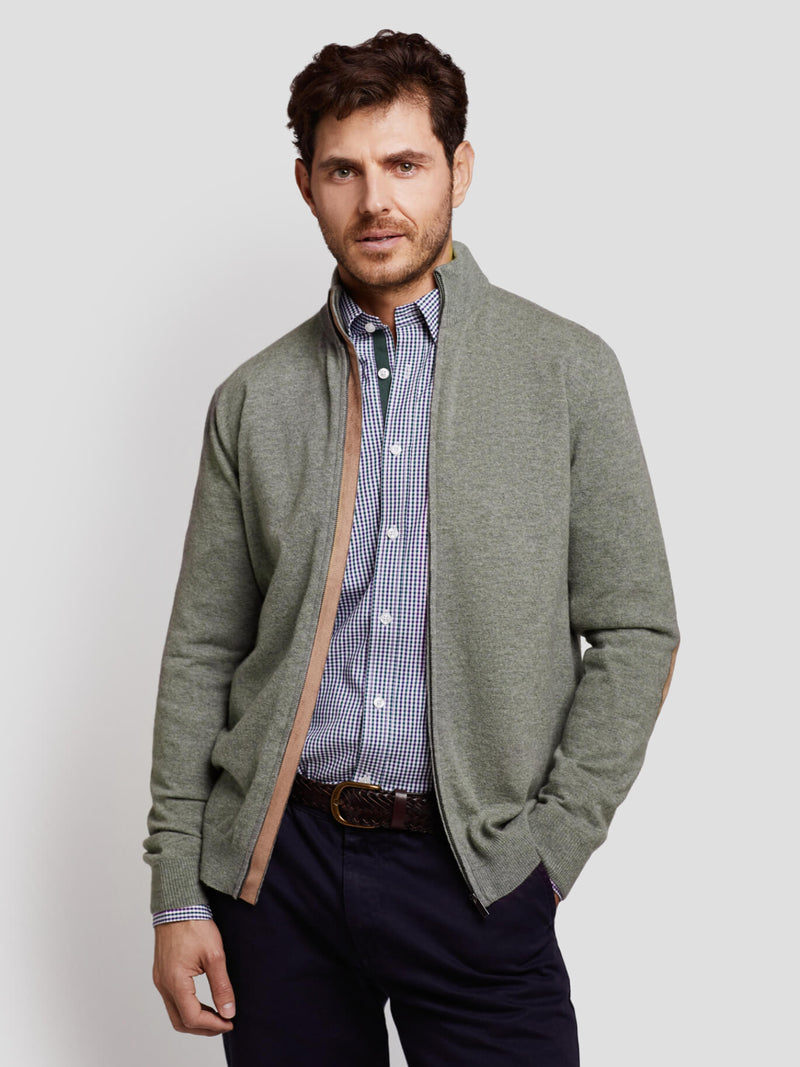 Medium green wool sweater with zippered collar with elbow pads