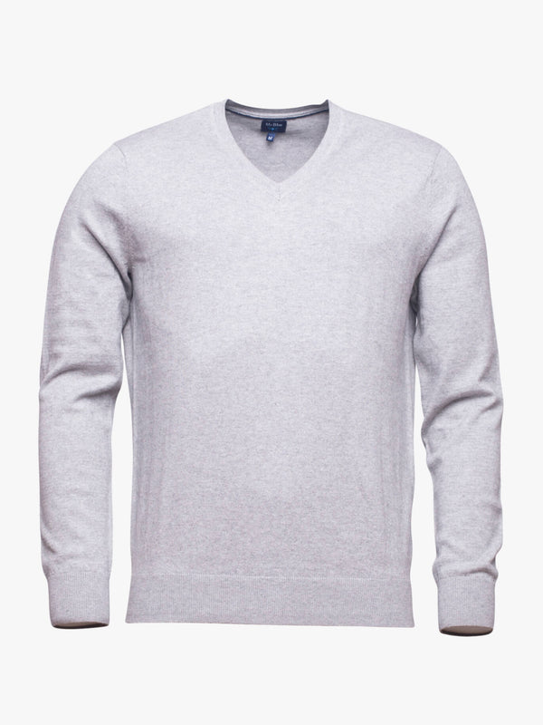 Light gray cotton and cashmere sweater neckline