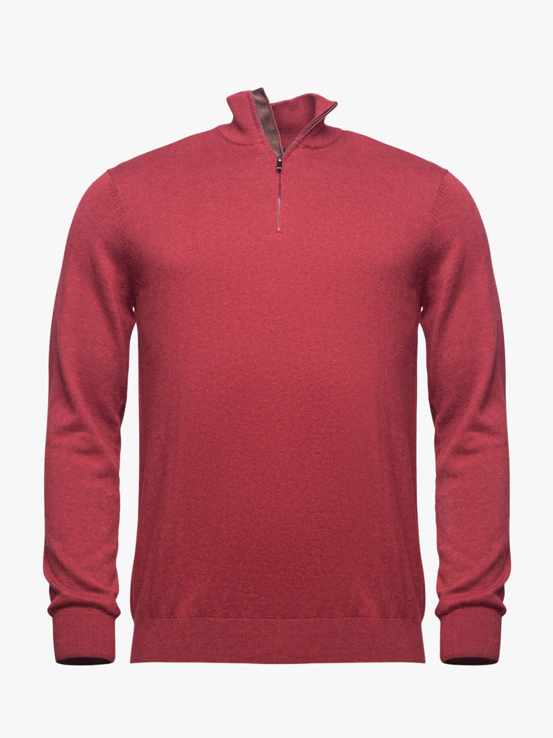 Camiseta de algodón y cachemira de cuello con cremallera rojo medio