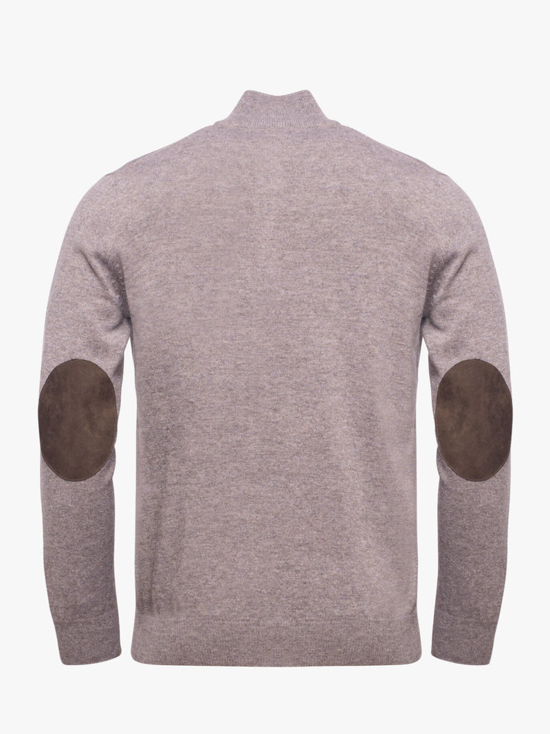Smooth gray beige zippered collar sweater and elbow pads