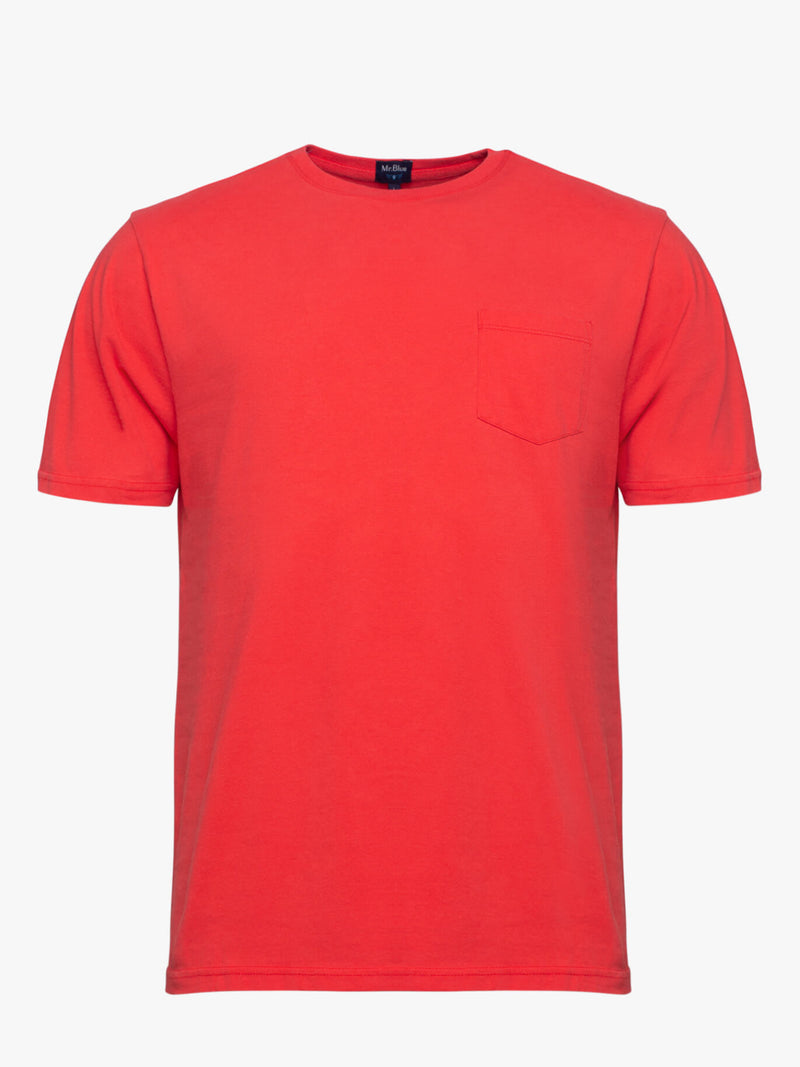 Red cotton T-shirt with embroidered logo and pocket