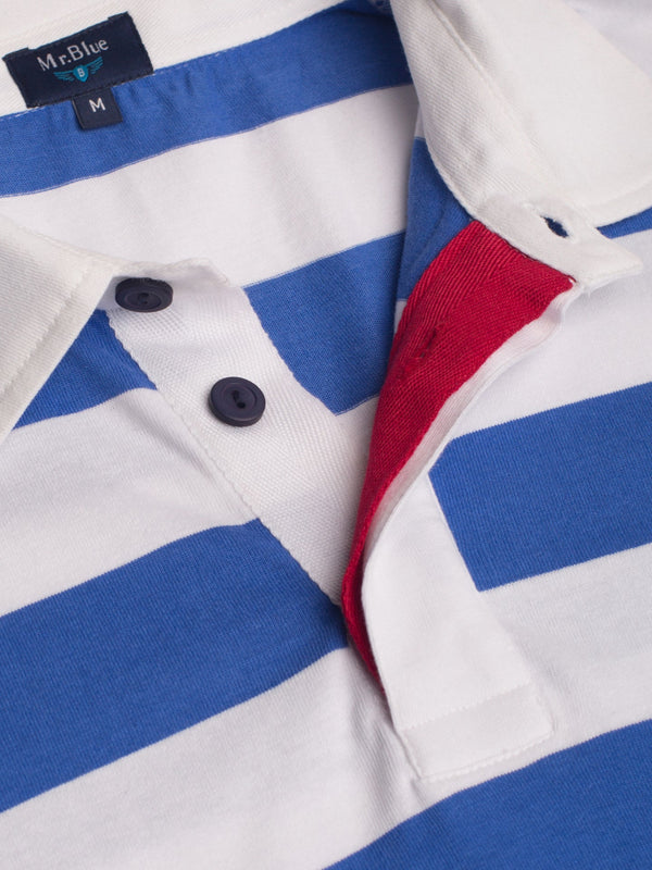 Blue and white short sleeve thick stripes rugby with logo
