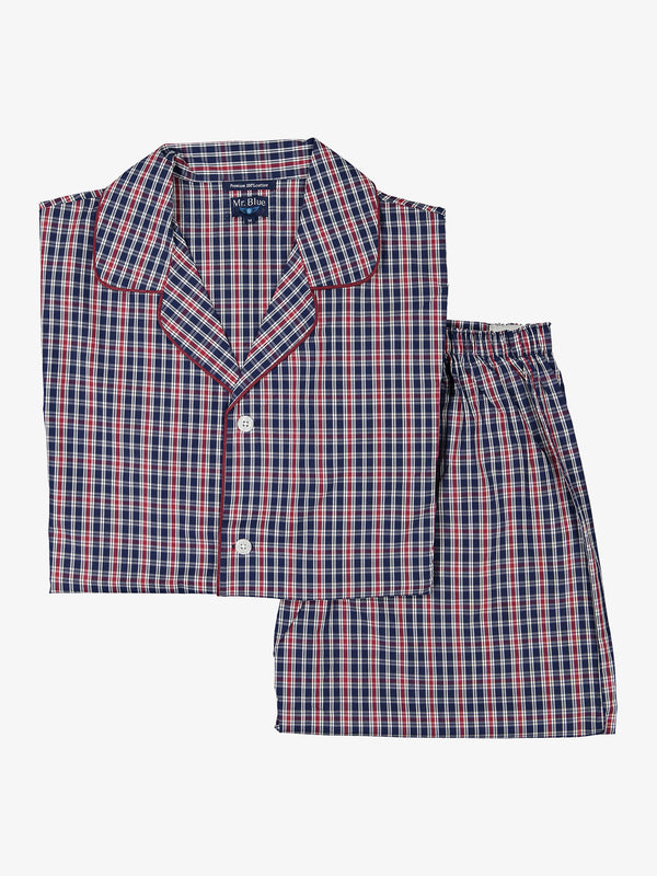 Classic short-sleeved pajamas in dark blue, white and red plaid