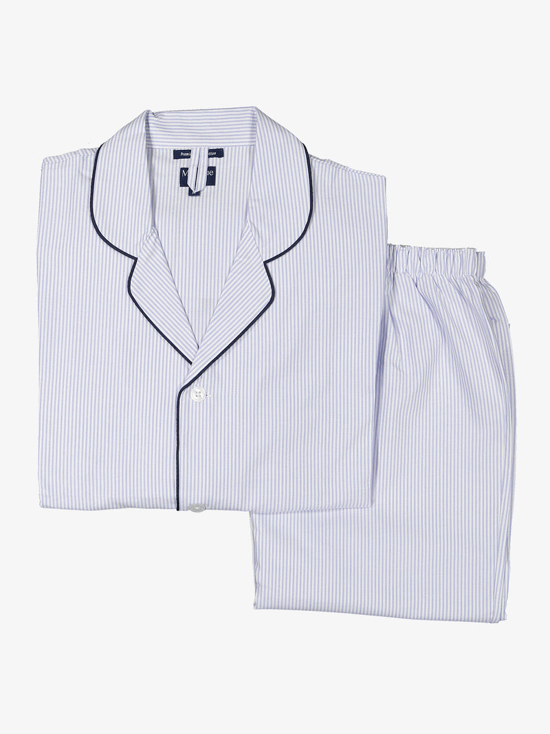 Pijama clássico manga comprida de riscas finas azul claro e branco